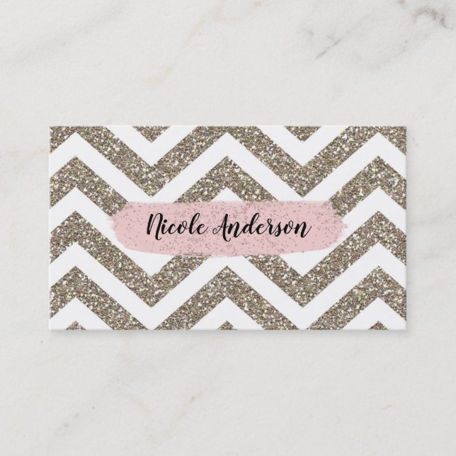 Gold White Chevron Pink Glitter Modern Brush Glam Business Card (Front)