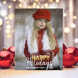 Gold White Christmas Happy Holidays Family PHOTO Holiday Postcard