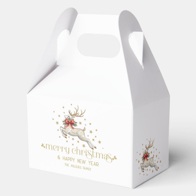 Gold White Christmas Reindeer Favour Box (Front)