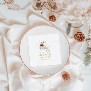 Gold White Christmas Reindeer Napkin