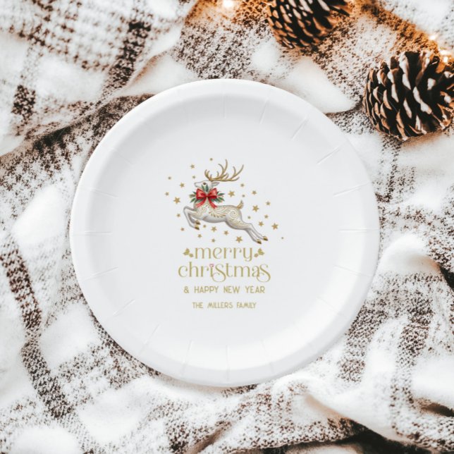 Gold White Christmas Reindeer Paper Plate (Creator Uploaded)