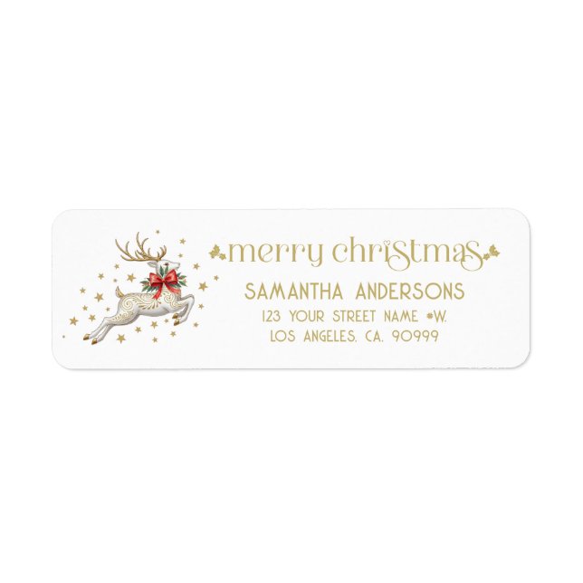Gold White Christmas Reindeer Return Address Label (Front)