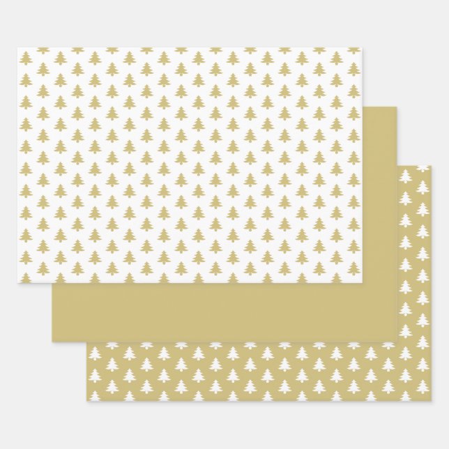 Gold/White Christmas Tree Iconic Pattern Wrapping Paper Sheet (Set)