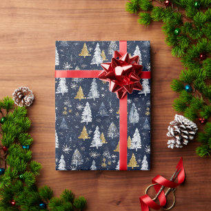 Gold & White Christmas Tree Pattern w/ Stars Wrapping Paper