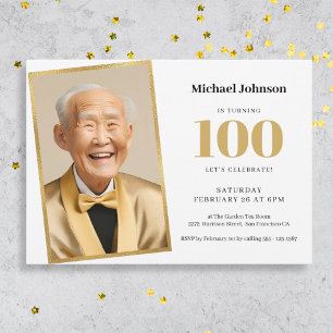 Gold White Classy Photo 100th Birthday Party Invitation