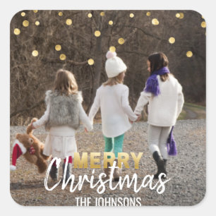 Gold White Confetti Merry Christmas   PHOTO Square Sticker