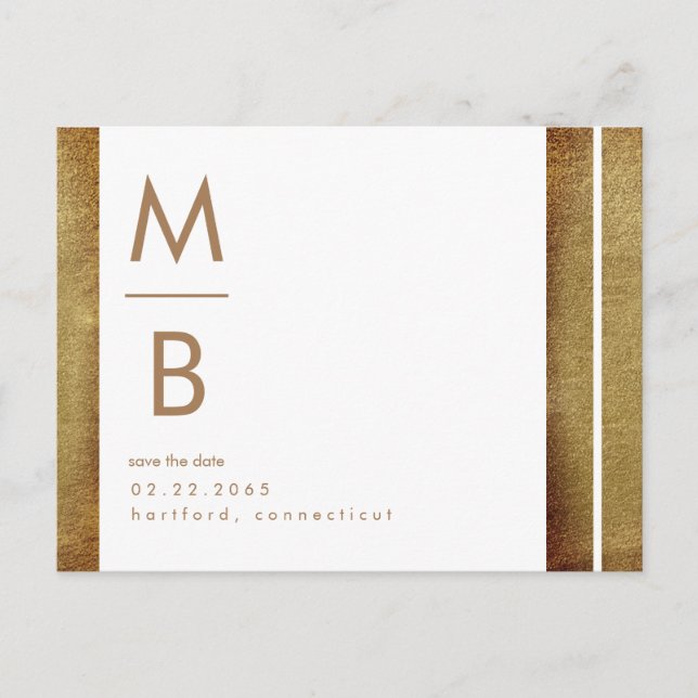 Gold & White Contemporary Monogram Save the Date  Postcard (Front)