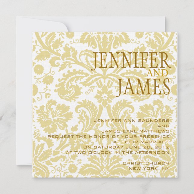 Gold White Cream Damask Summer Wedding Invitation (Front)