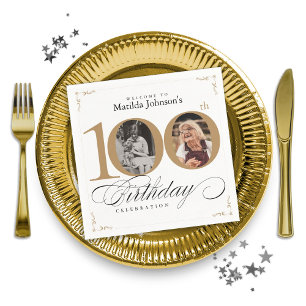Gold White Custom Photo 100th Birthday Party Napkin