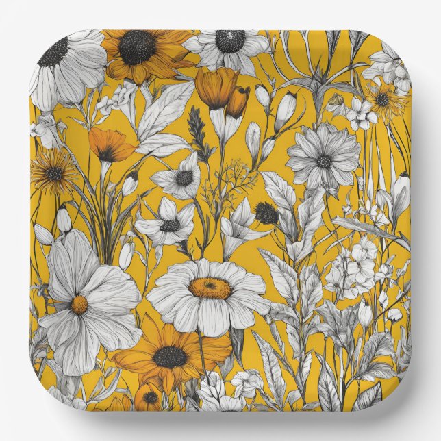 Gold White Daisy Boho Wildflower Paper Plate (Front)