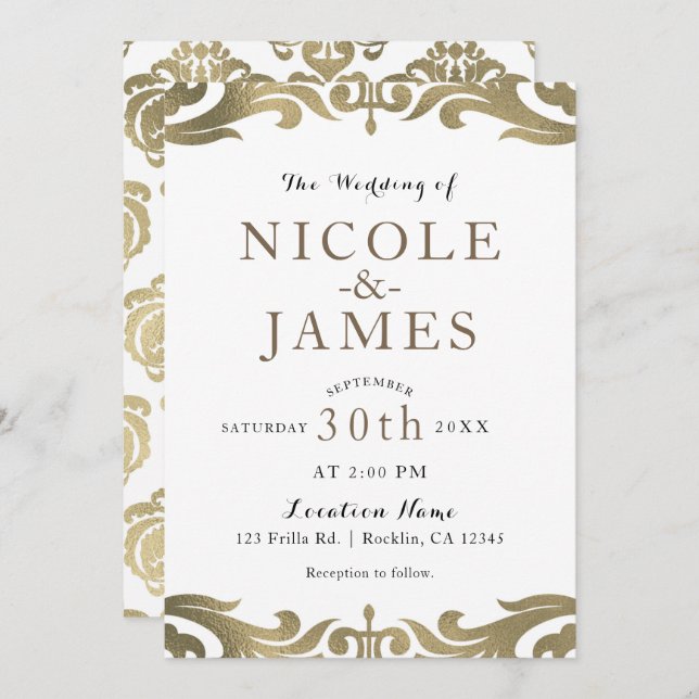 Gold & White Damask Chic Elegant Minimal Wedding Invitation (Front/Back)