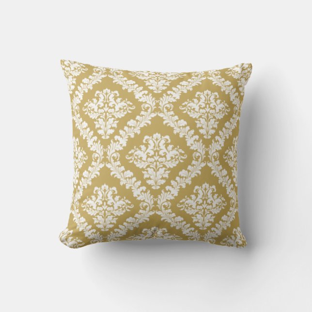 Gold, white damask pattern throw cushion (Front)