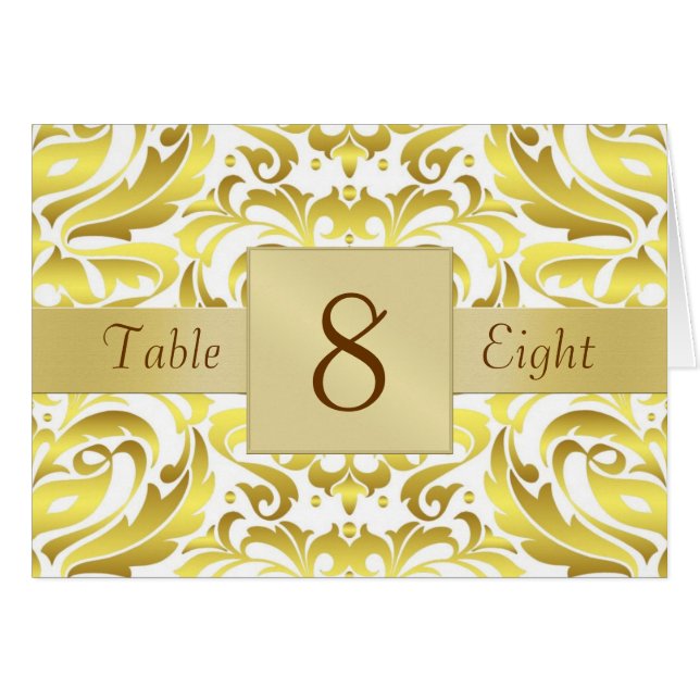 Gold & White Damask Table Number Folded Card (Front Horizontal)