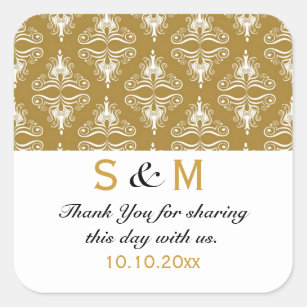 Gold White Damask Thank You Monogram Wedding Square Sticker