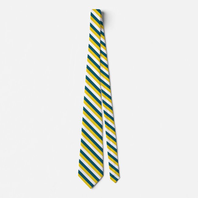 Gold White Dark Teal diagonal stripes pattern Tie (Front)