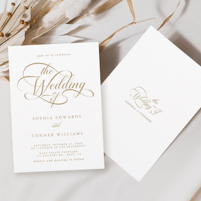 Gold & White Delicate Elegant Script Wedding Invitation (Front & Back)