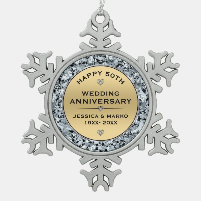Gold & white diamonds 50th wedding Anniversary Snowflake Pewter Christmas Ornament (Front)
