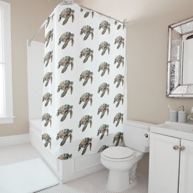 Gold White Dream Sea Turtle Shower Curtain (In Situ)