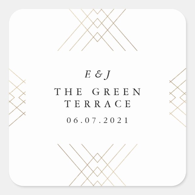 Gold White Elegance Diamond Geo Deco Wedding Square Sticker (Front)