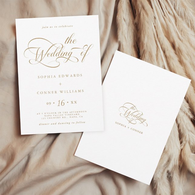 Gold & White Elegant Charm Script Wedding Invitation (Front & Back)