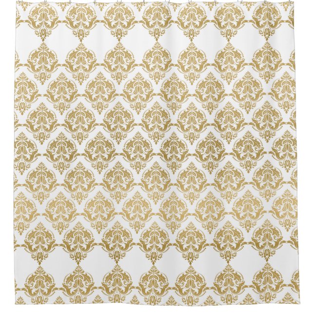Gold & White Elegant Damasks Geometric Pattern Shower Curtain (Front)