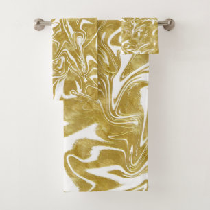 Gold & White Elegant Glam Marble Swirl Bath Towel Set