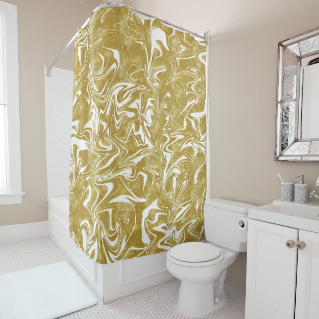 Gold & White Elegant Glam Marble Swirl Shower Curtain (In Situ)