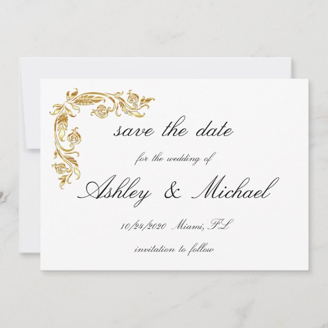 Gold White Elegant Glamourous Wedding Save The Date (Front)
