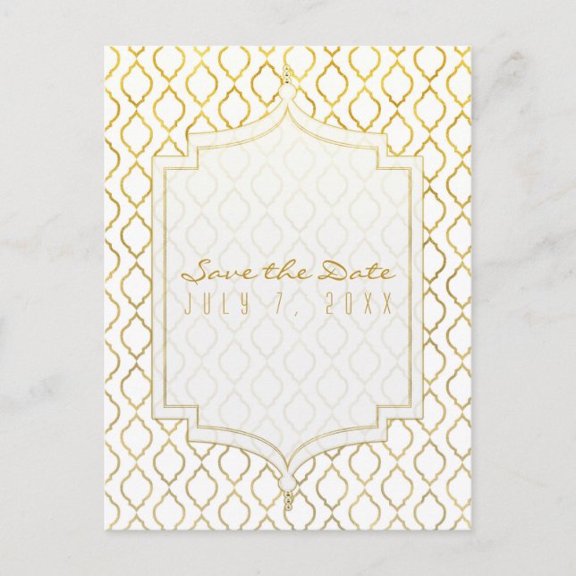 Gold & White Elegant Moroccan Glam Save the Date Announcement Postcard (Front)