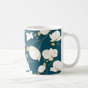 Gold & white elegant orchid floral modern blue coffee mug