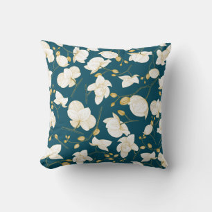 Gold & white elegant orchid floral modern blue cushion