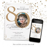 Gold White Elegant Photo 80th Birthday Party Invitation<br><div class="desc">Gold White Elegant Photo 80th Birthday Party Invitation. And elegantly designed special birthday celebration invitation,  featuring a custom photo of birthday person and script calligraphy with vintage flourish elements. Simple enough to fit a variety of themes and colours!
Need help? Simply contact me!</div>