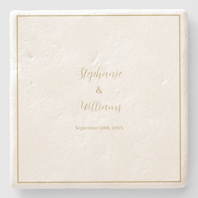 Gold White Elegant Simple Name Wedding Gift Favour Stone Coaster (Front)