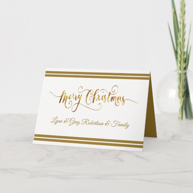 Gold+White, Family Name, Merry Christmas Card (Front)