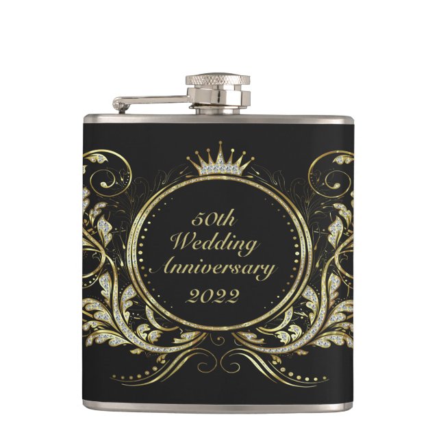 Gold & White Faux Glitter Floral Frame Hip Flask (Front)