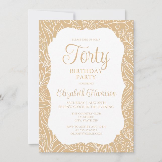 Gold White Flora Woman 40th Birthday Party Invitation (Front)