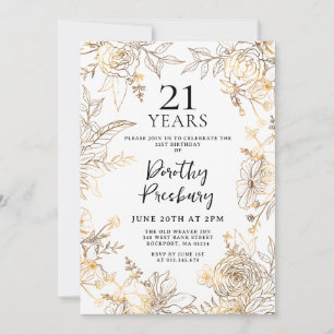 Gold White Floral 21st Birthday Party Invitation