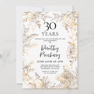 Gold White Floral 30th Birthday Party Invitation