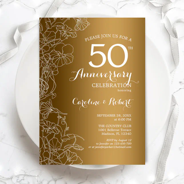 Gold White Floral 50th Anniversary Invitation | Zazzle