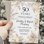 Gold White Floral 50th Anniversary Invitation<br><div class="desc">Elegant gold line art roses and leaves surround your 50th wedding anniversary party details.</div>