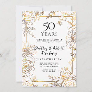 Gold White Floral 50th Anniversary Invitation