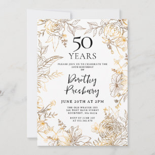 Gold White Floral 50th Birthday Party Invitation