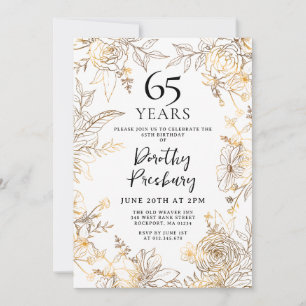 Gold White Floral 65th Birthday Party Invitation