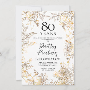 Gold White Floral 80th Birthday Party Invitation