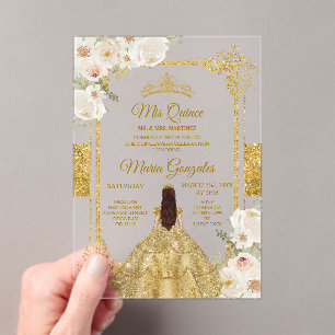 Gold & White Floral Birthday Crown Mis Quince Acrylic Invitations
