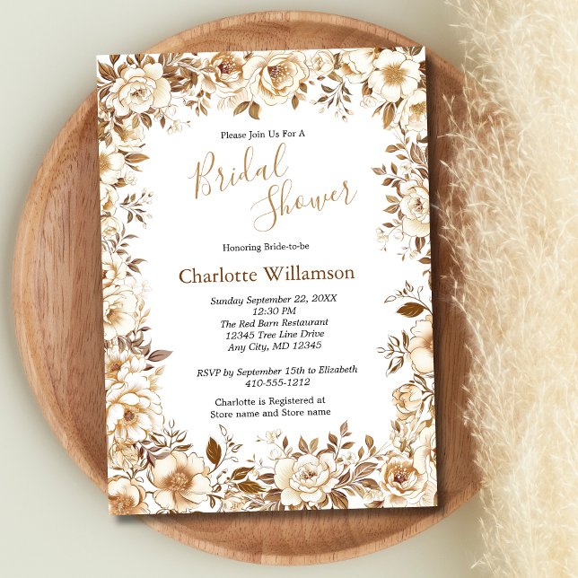 Gold White Floral Elegant Bridal Shower Invitation (Gold White Beige Brown Floral Boho Bridal Shower Invitation)