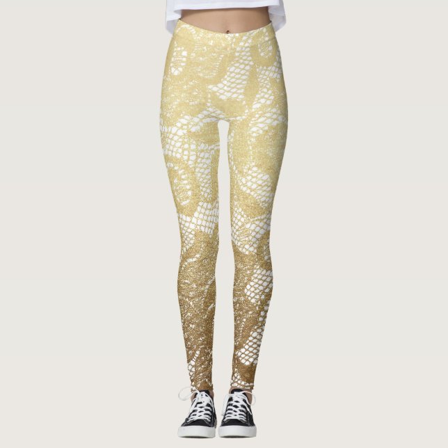 Gold & White Floral Faux Lace Leggings (Front)