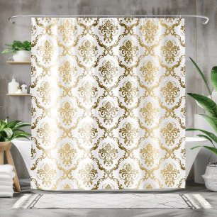 Gold & White Floral Geometric Pattern Shower Curtain
