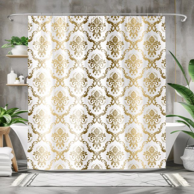 Gold & White Floral Geometric Pattern Shower Curtain (Creator Uploaded)