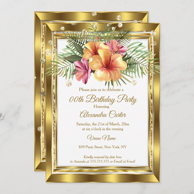Gold white Floral Hibiscus Birthday Party Invitation (Front/Back)